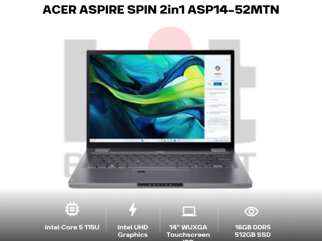 Acer Aspire Spin 2in1 ASP14-52MTN Core 5 115U 16GB 512GB 14" WUXGA IPS Touchscreen | iklanova.com