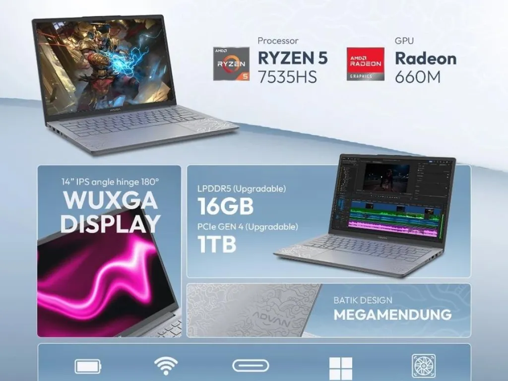Advan Workplus Heritage Ryzen 5 7535HS 8GB 512GB 14" WUXGA IPS Megamendung Batik Design | iklanova.com