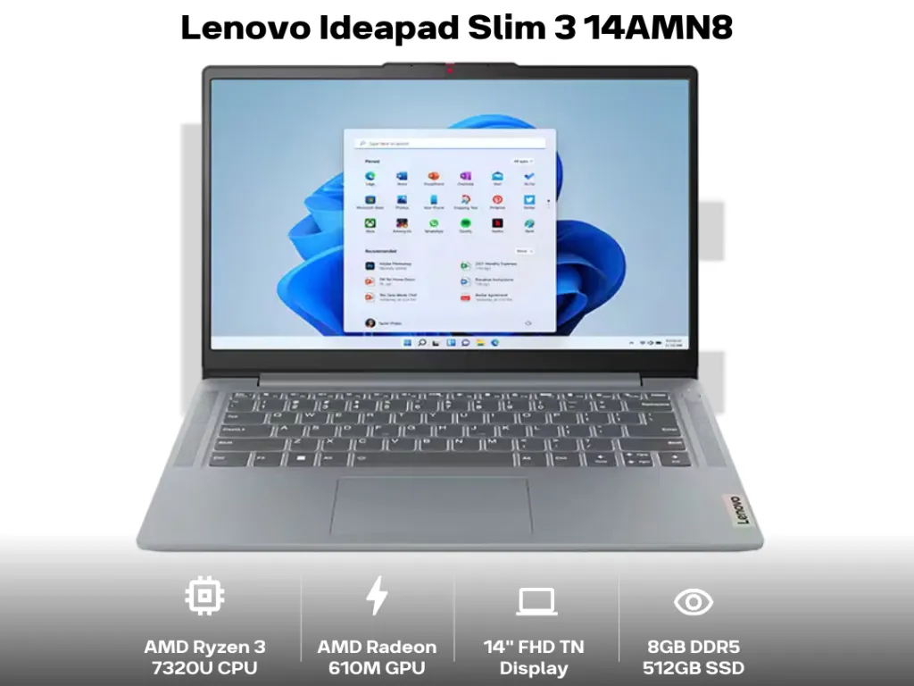 Lenovo Ideapad Slim 3 14AMN8 Ryzen 3 7320U 8GB 512GB 14" FHD TN Anti Glare Backlit Key | iklanova.com