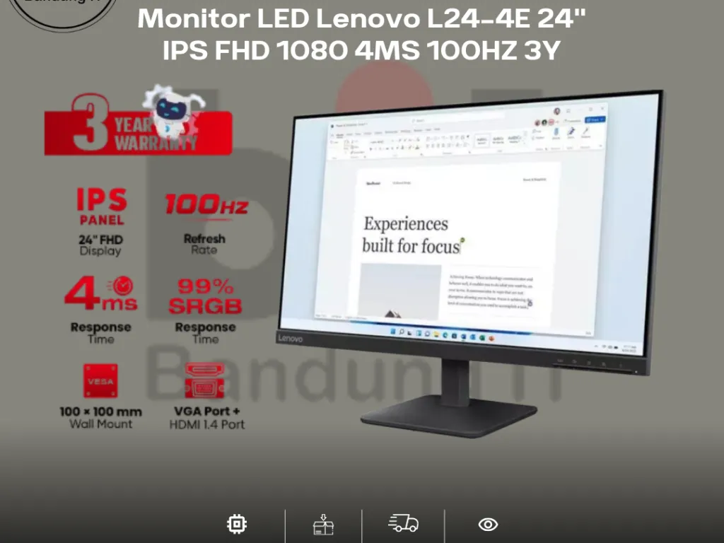 Monitor LED Lenovo L24-4E 24" IPS FHD 1080 4MS 100HZ 3Y | iklanova.com