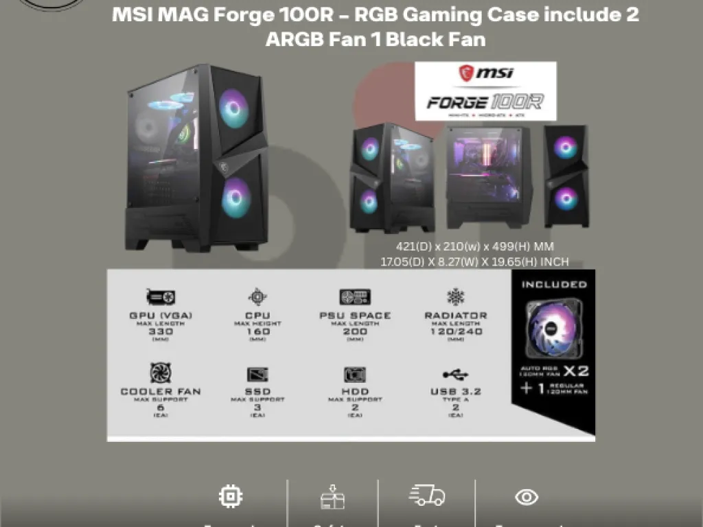MSI MAG Forge 100R - RGB Gaming Case include 2 ARGB Fan 1 Black Fan | iklanova.com